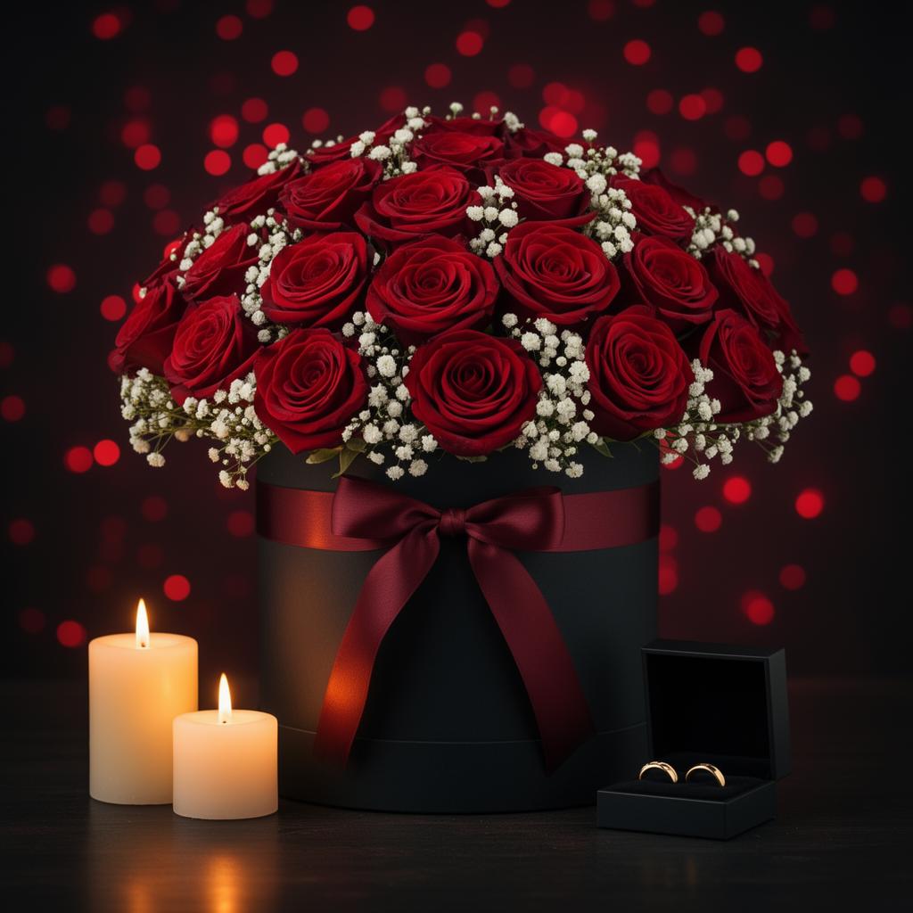 Buquê de rosas vermelhas com alianças de ouro